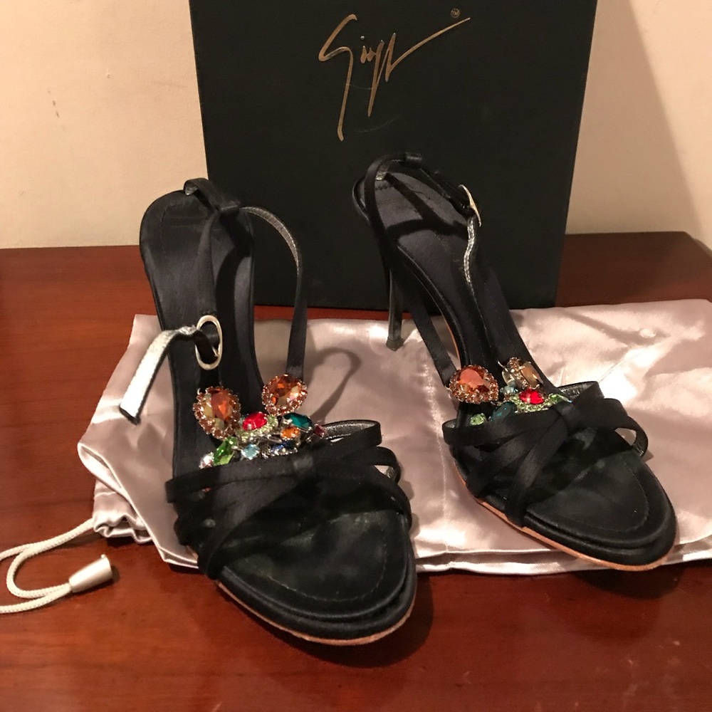 Giuseppe Zanotti Black Satin Jeweled T-Strap Sandals
